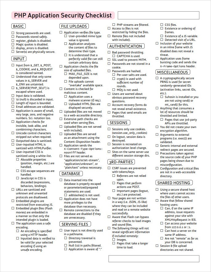 PHP Application Security Checklist Template