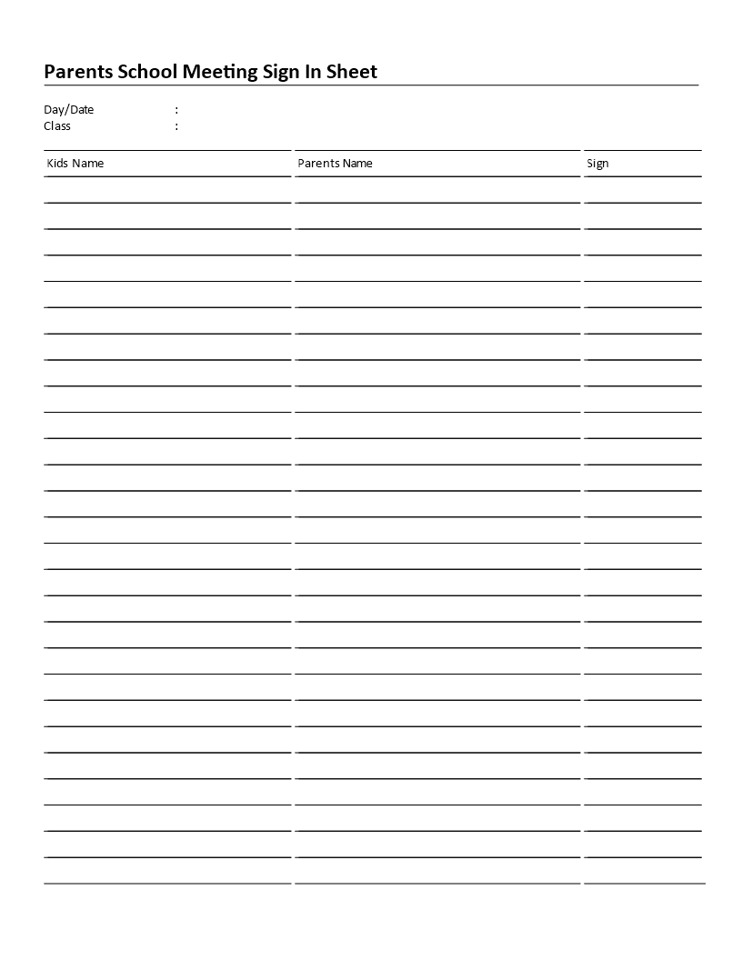 Parents School Meeting Sign in Sheet Template Sample