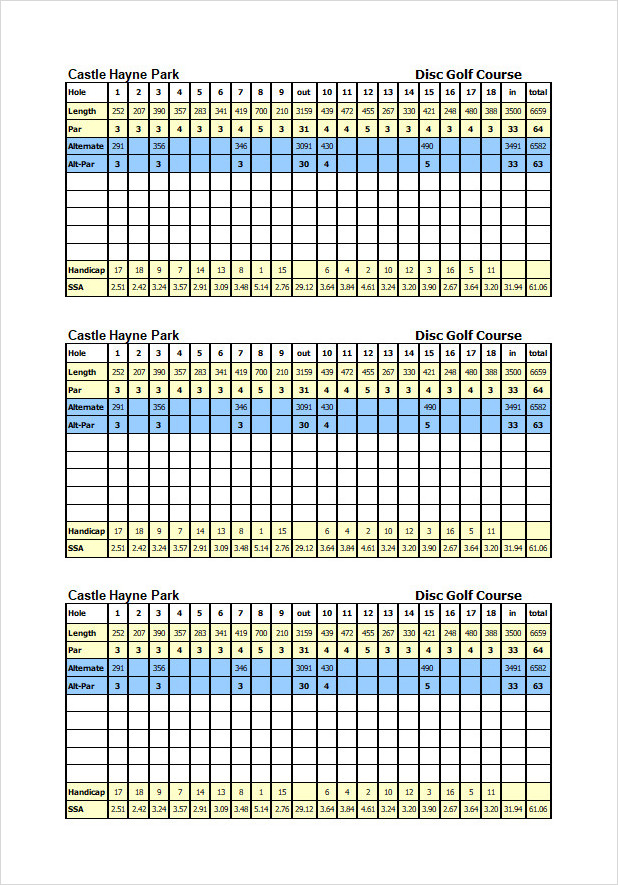 Park Disc Golf Course Scorecard Template