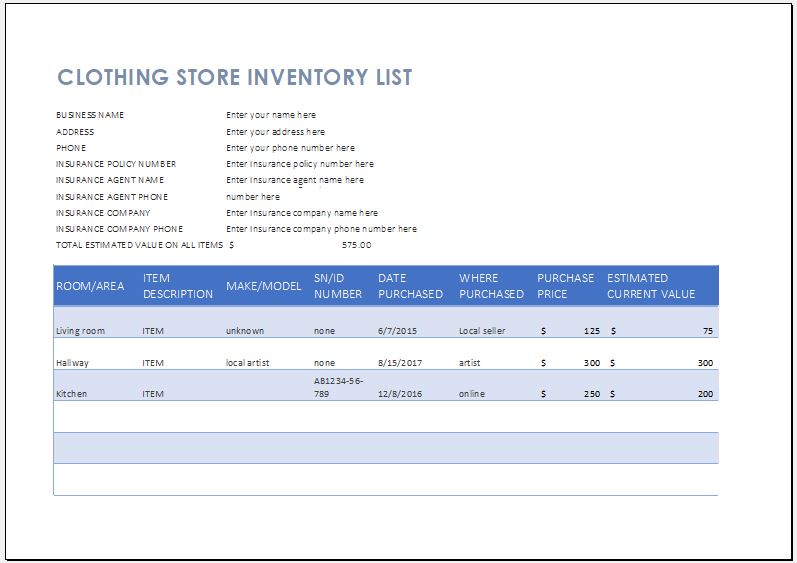 Party Attire Inventory Template Sample