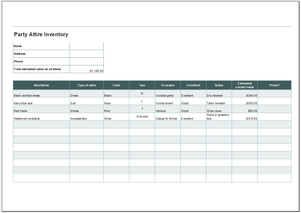 Party Attire Inventory Template