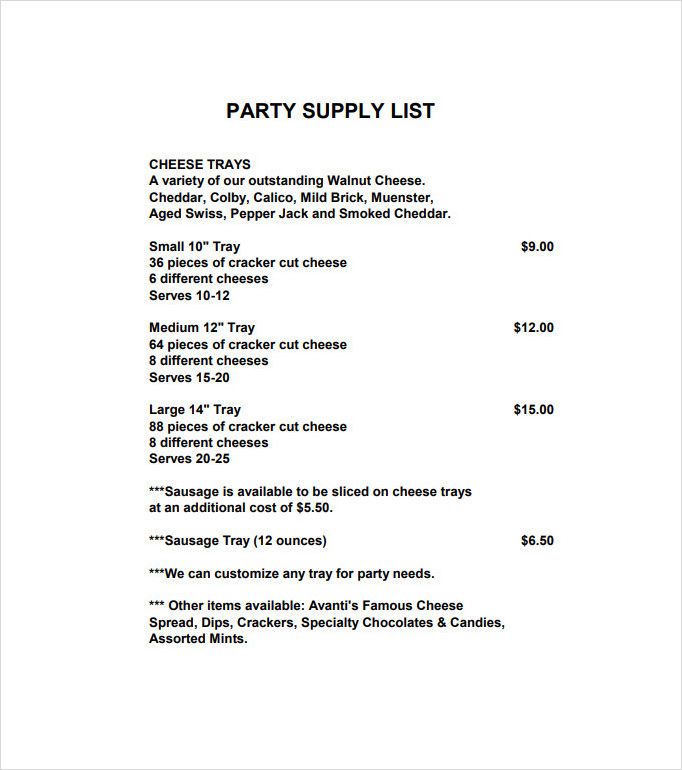 Party Supply List Template