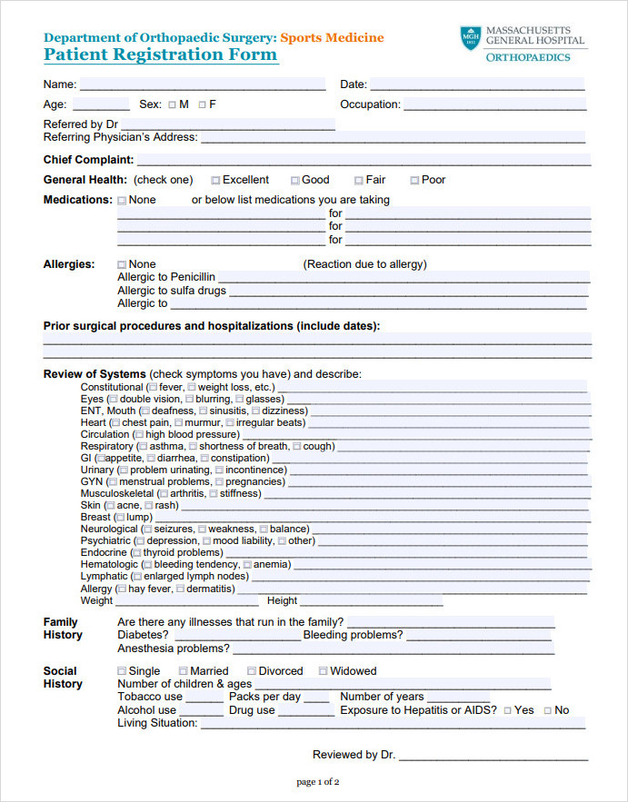 Patient Registration Form for Orthopaedic Surgery