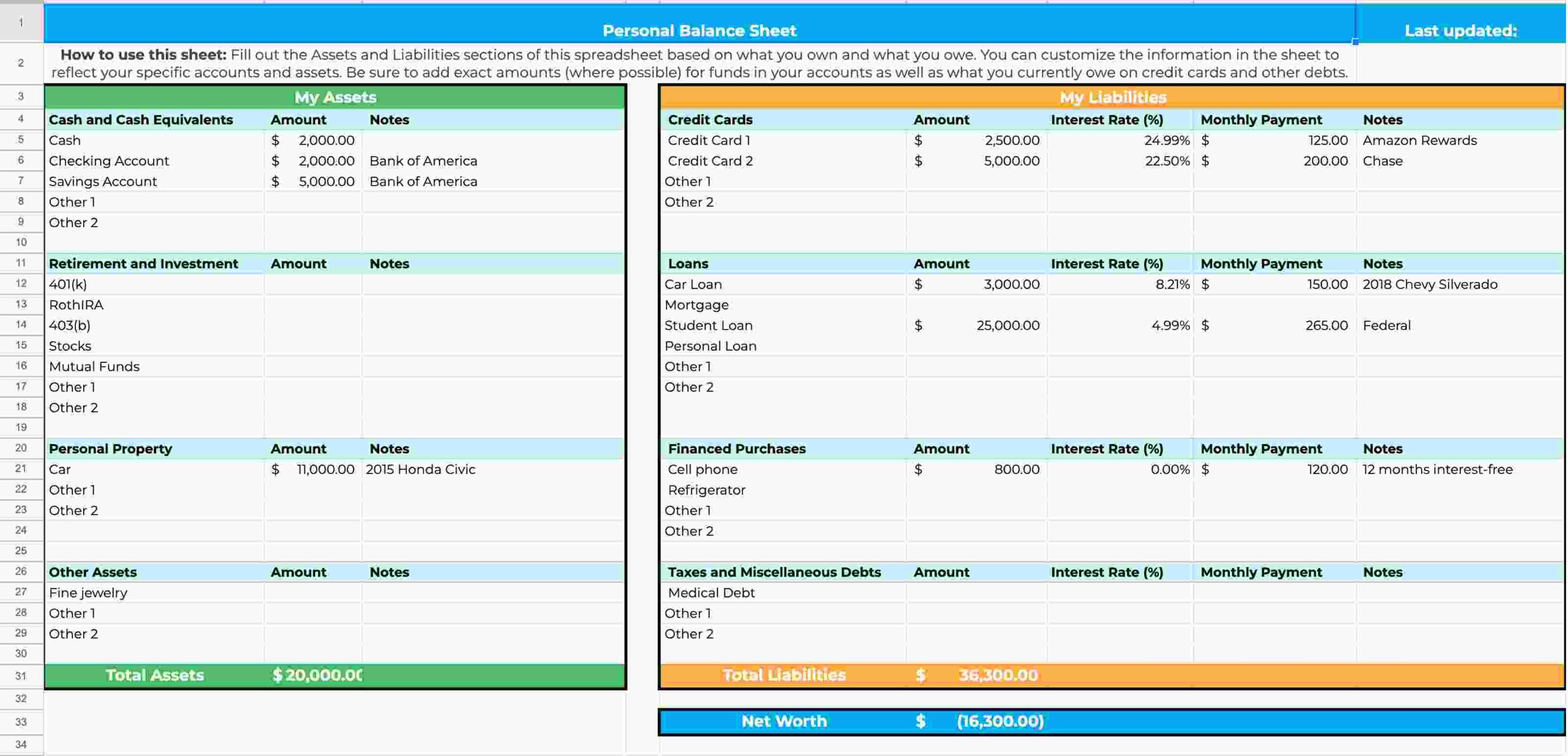 Personal Assets And Debts Calculator Template