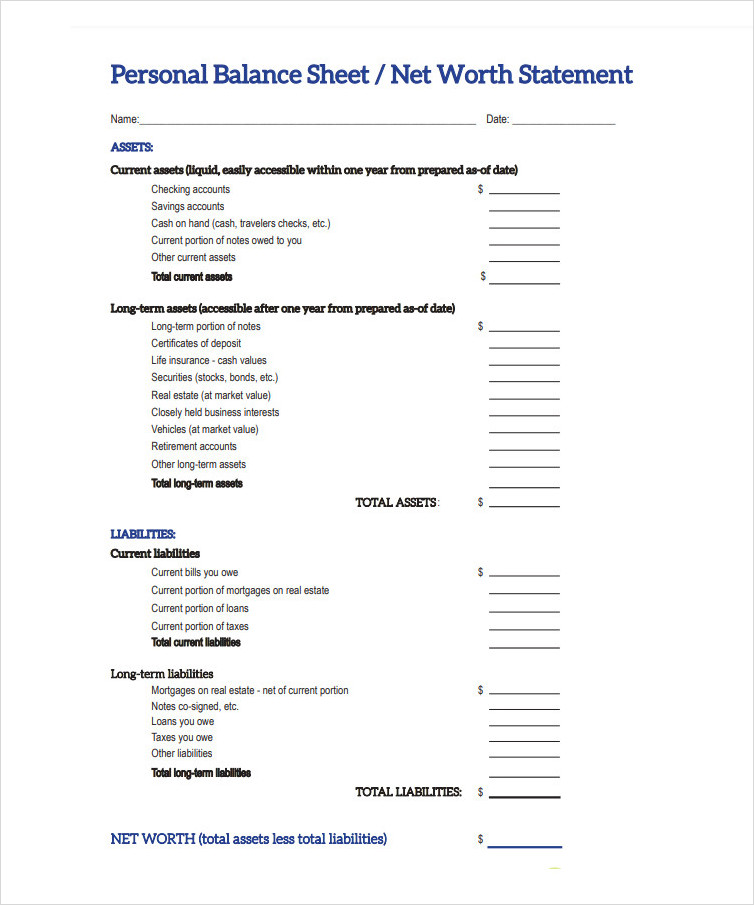 Personal Balance Sheet Template