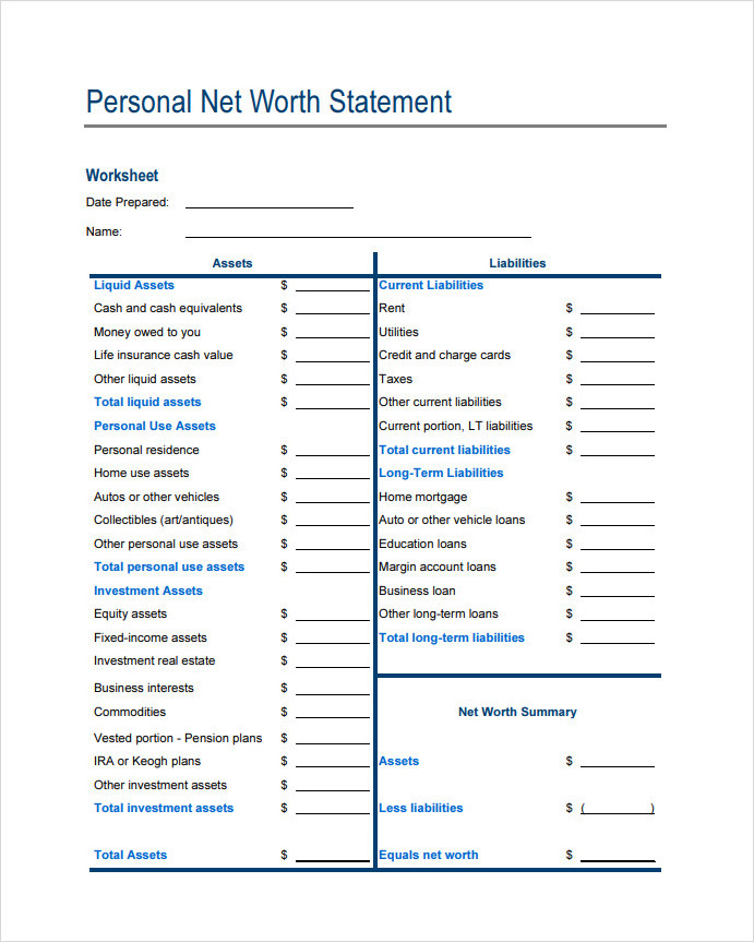 Personal Net Worth Statement Template