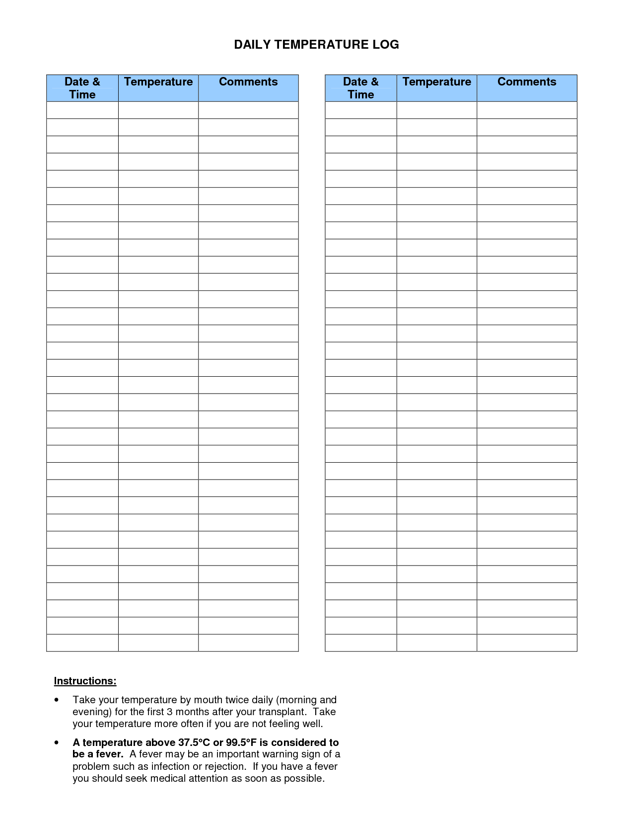 Personal Temperature Log Template Example