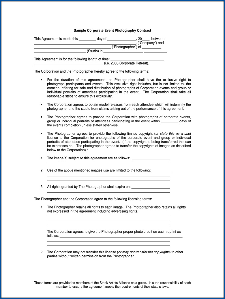 Photography Contract For Events Example