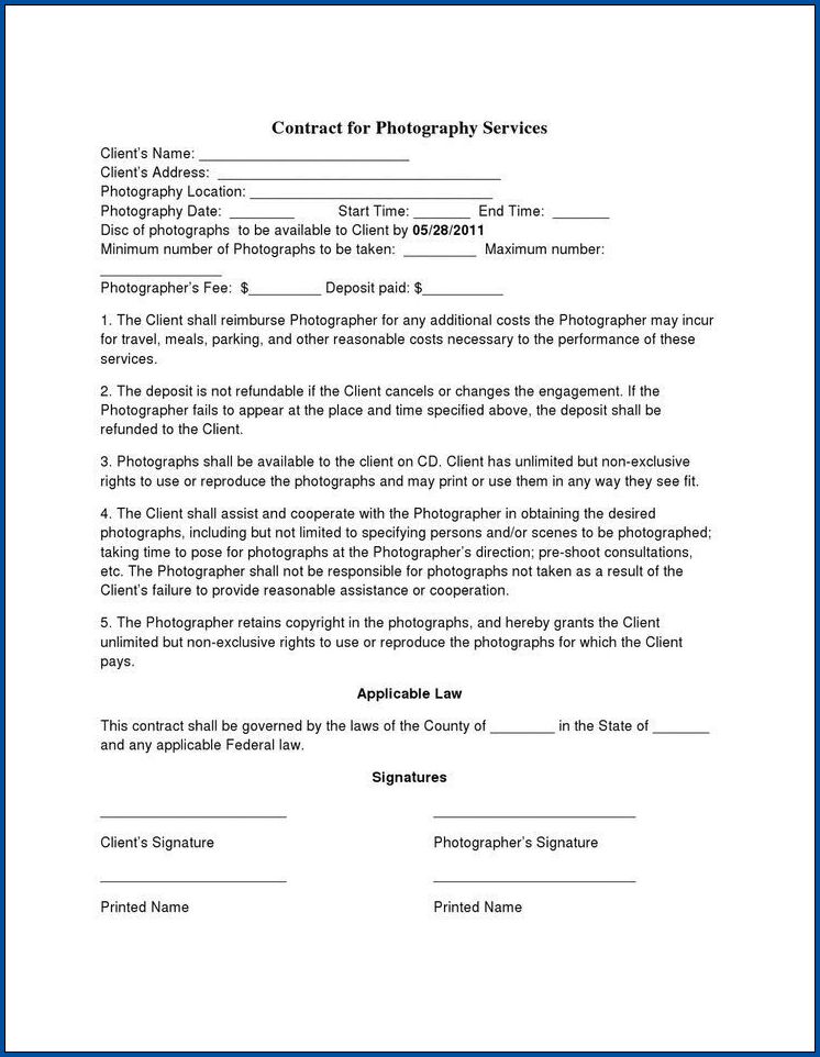 Photography Contract Template Sample