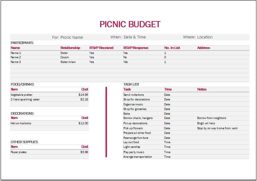 Picnic Budget Template Sample