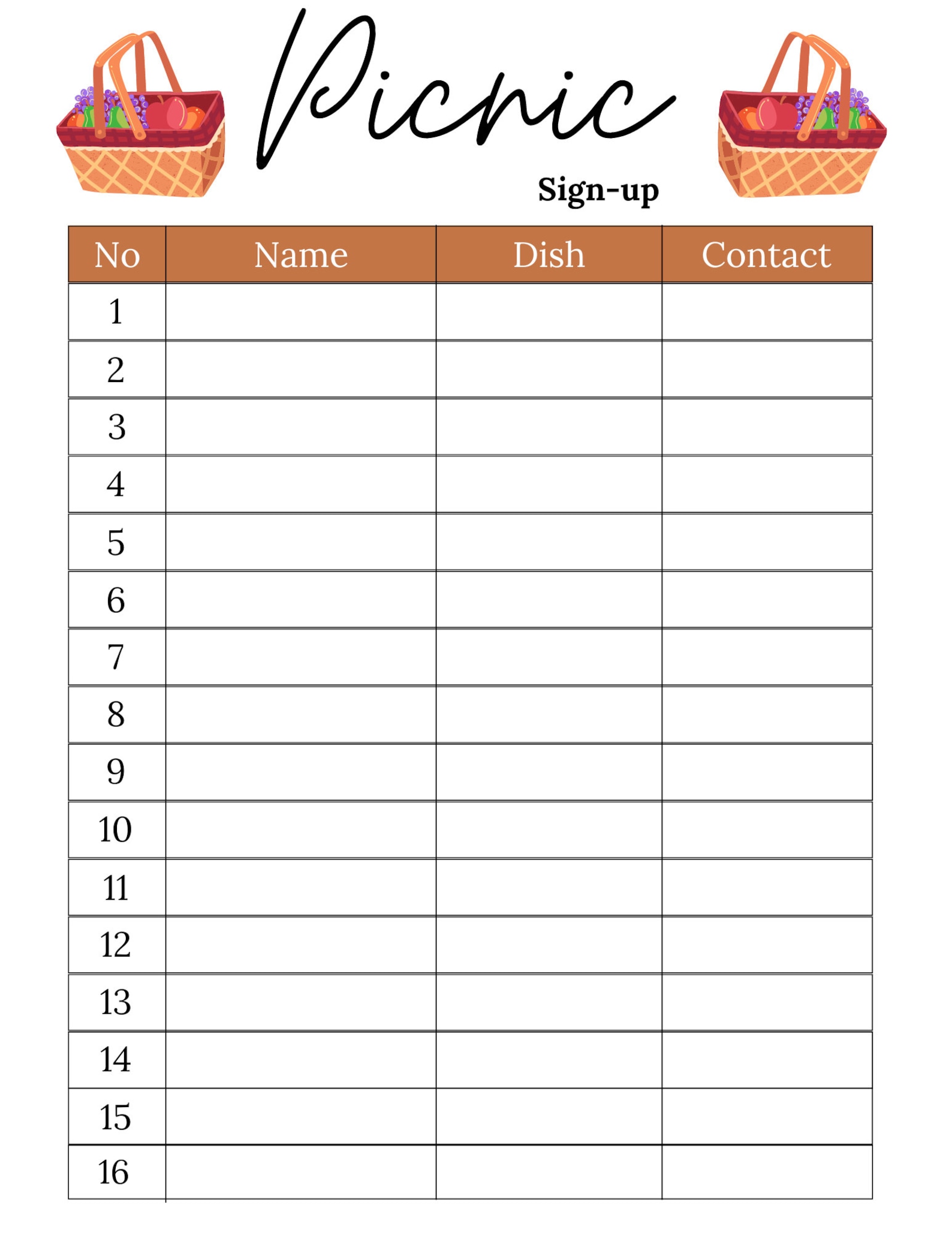 Picnic Sign Up Sheet Template Example