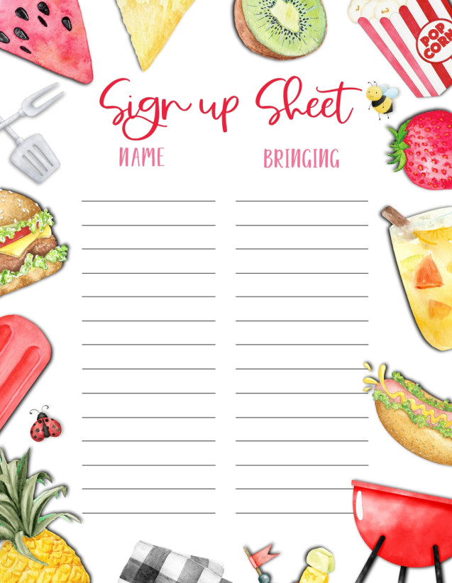 Picnic Sign Up Sheet Template