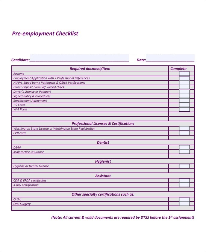 Pre Employment Checklist Template