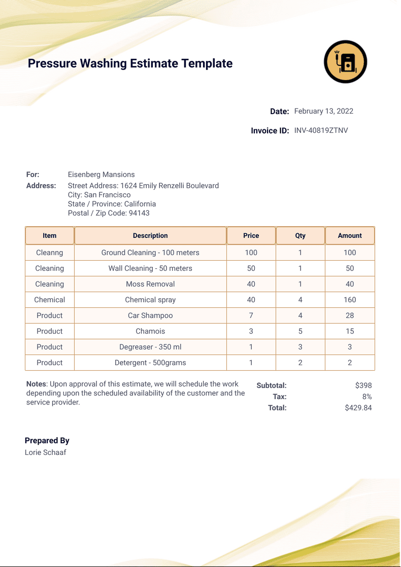 Pressure Washing Estimate Template Example