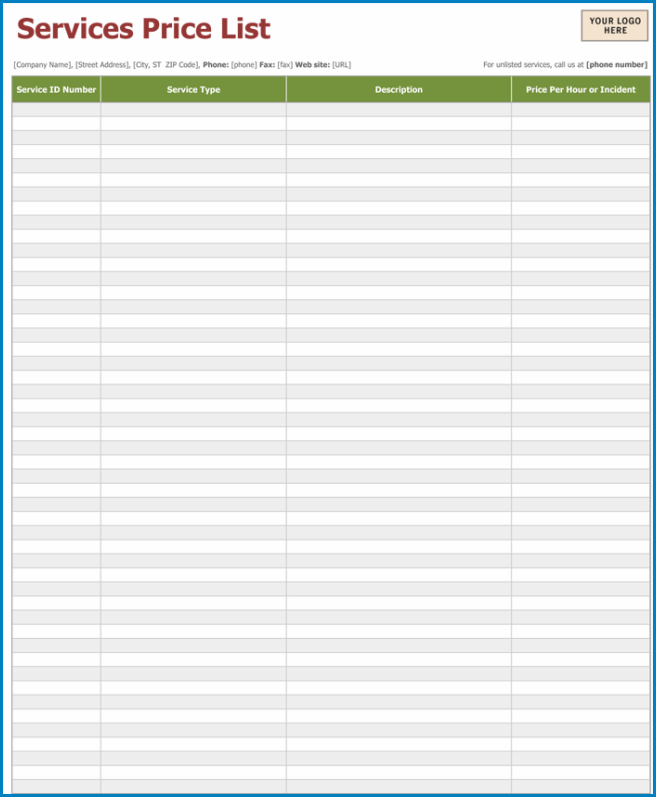 Price List Template Example