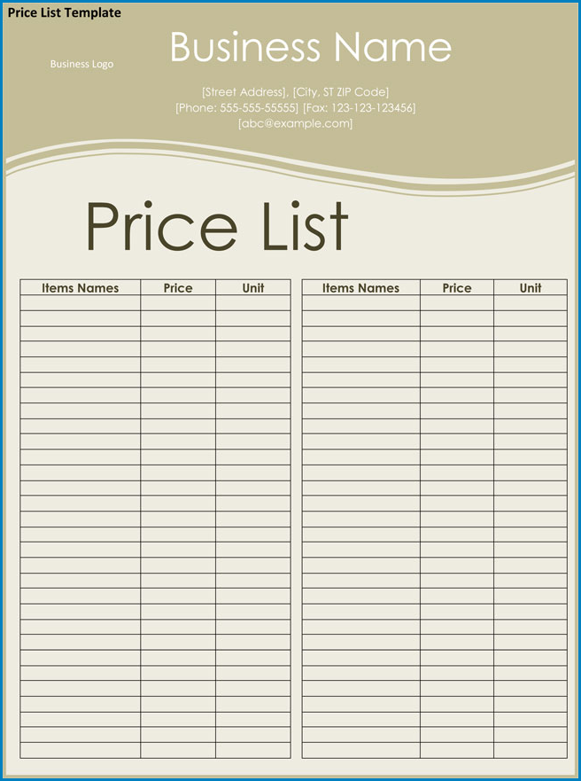 Price List Template Sample