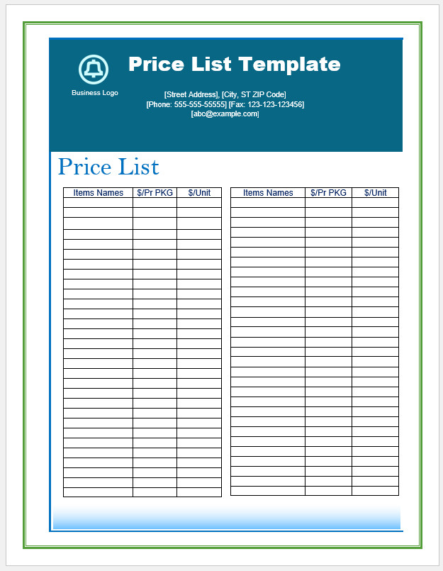 Free Printable Price List Template