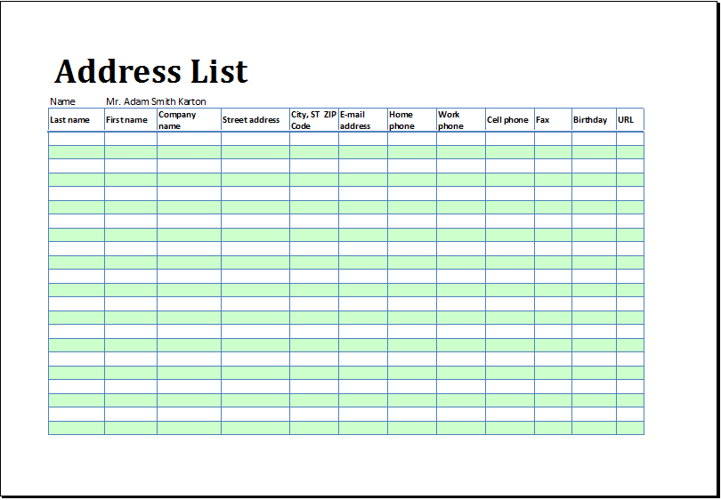 Printable Address List Template