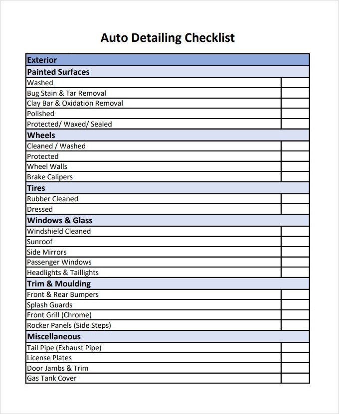 Printable Auto Detailing Checklist Template PDF