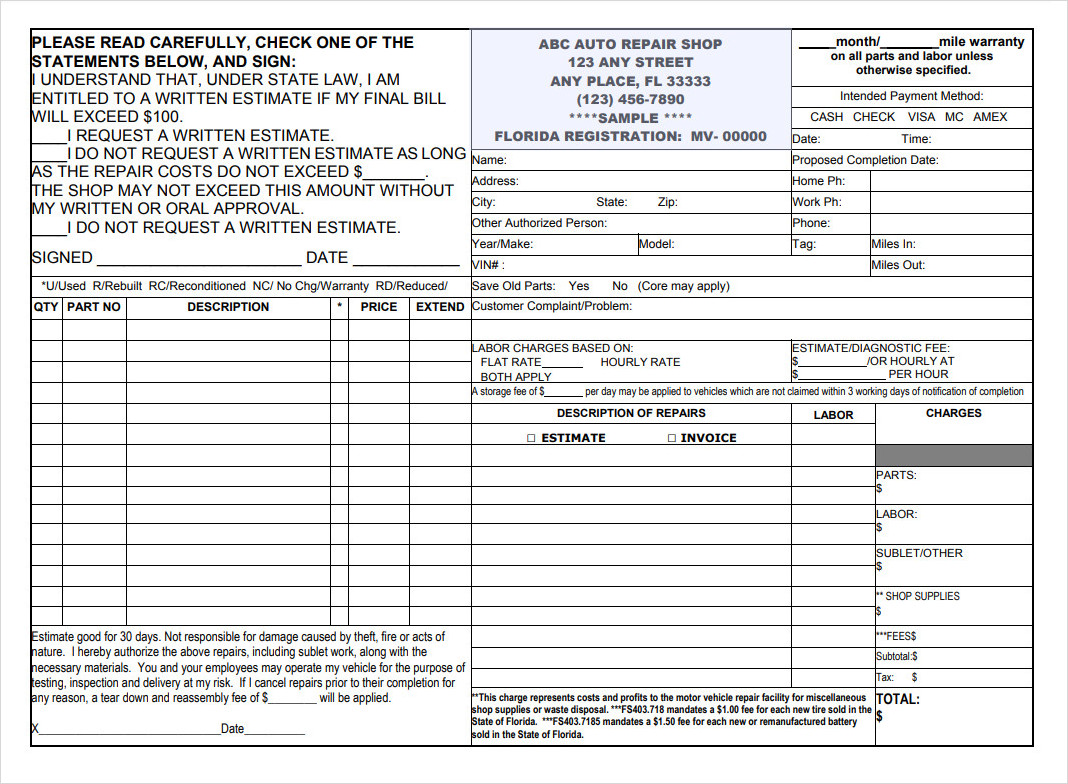 Printable Auto Repair Estimate Template