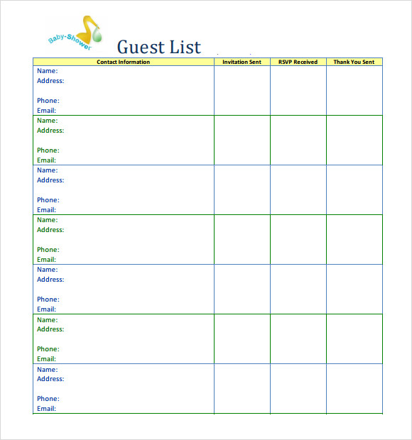 Printable Baby Shower Guest List Template Sample