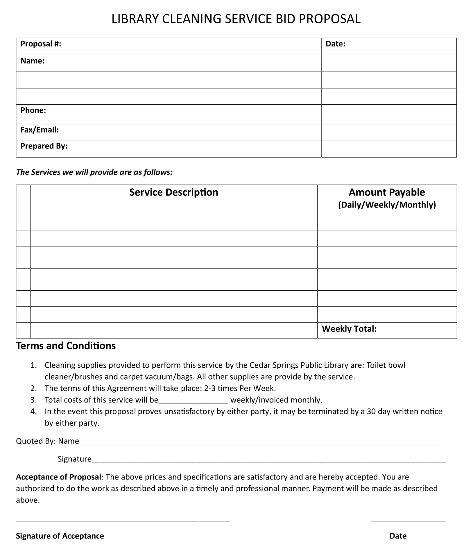 Printable Bid Proposal Template Example