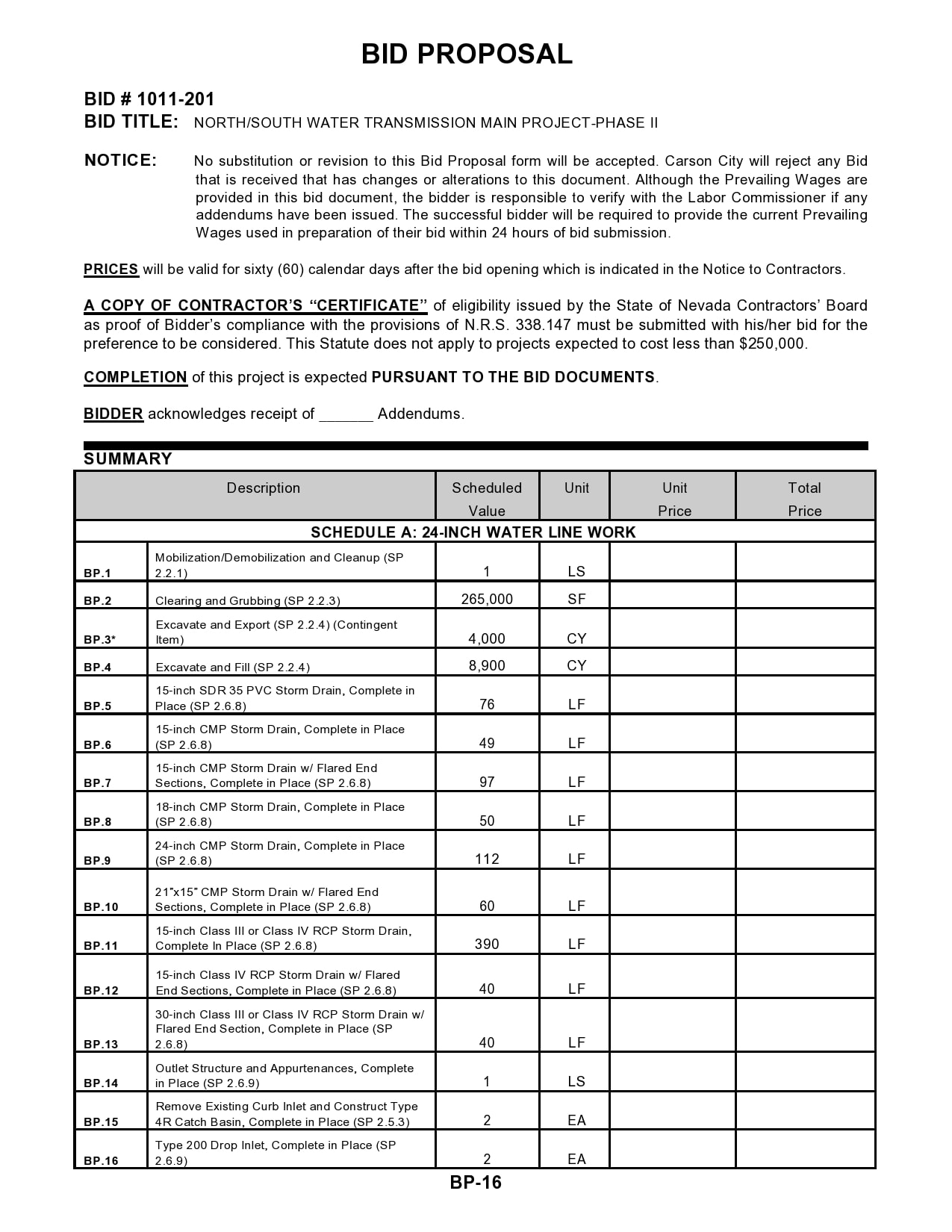 Printable Bid Proposal Template