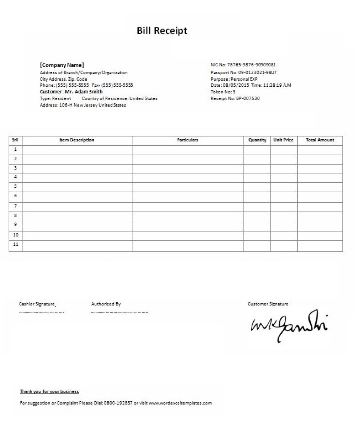 Printable Bill Receipt Template Example