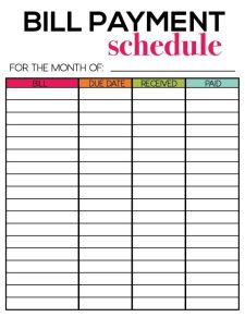 Printable Bills Payment Schedule Template | Templateral