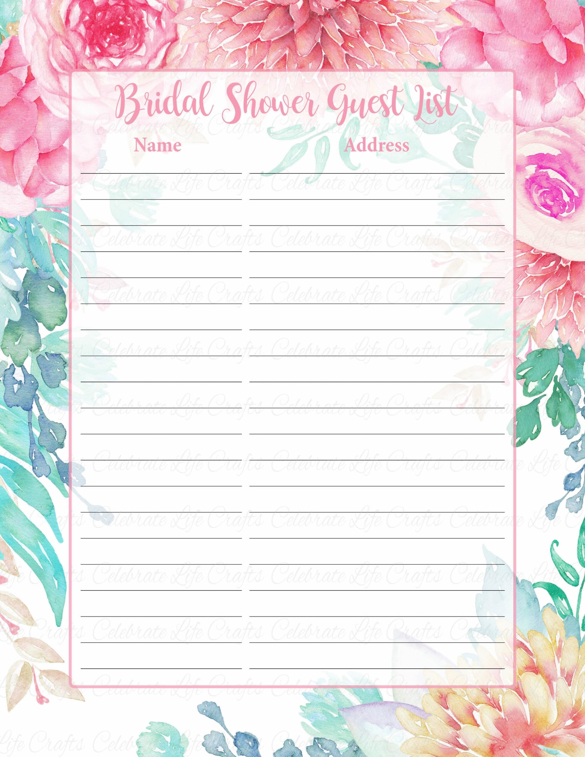 Printable Bridal Shower Guest List Template Example