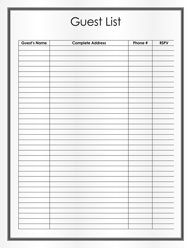 Printable Bridal Shower Guest List Template