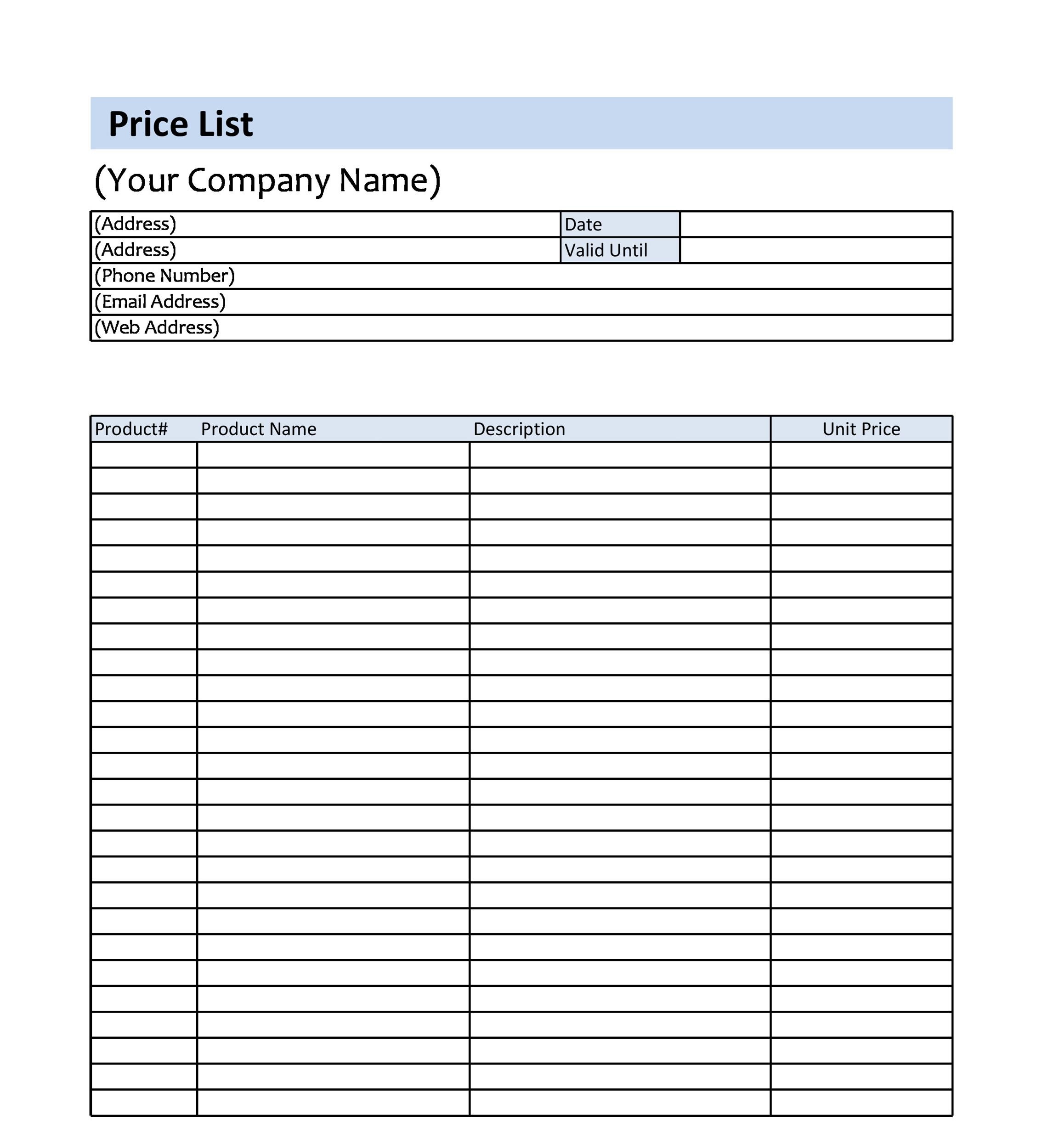 Printable Business Price List Template Example