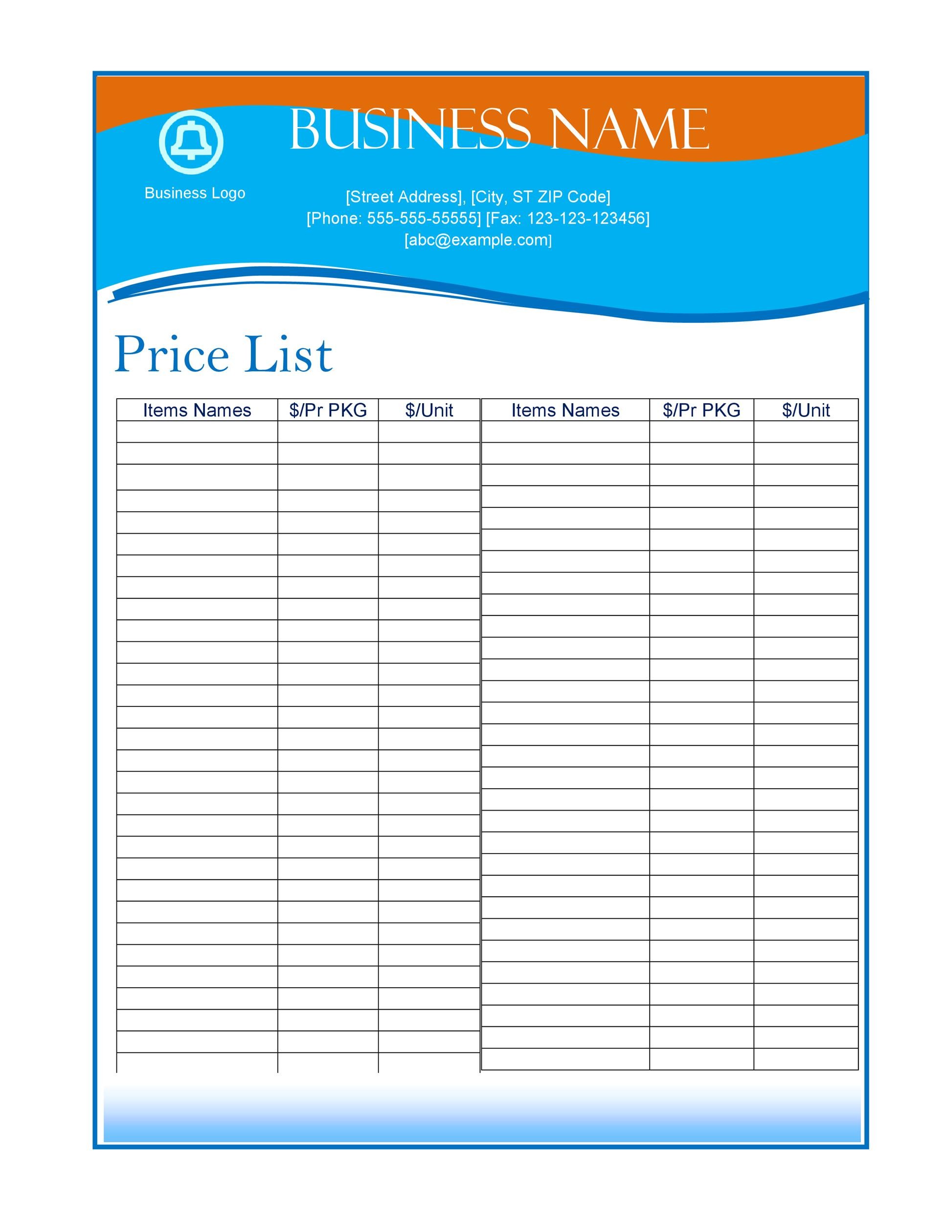 Printable Business Price List Template