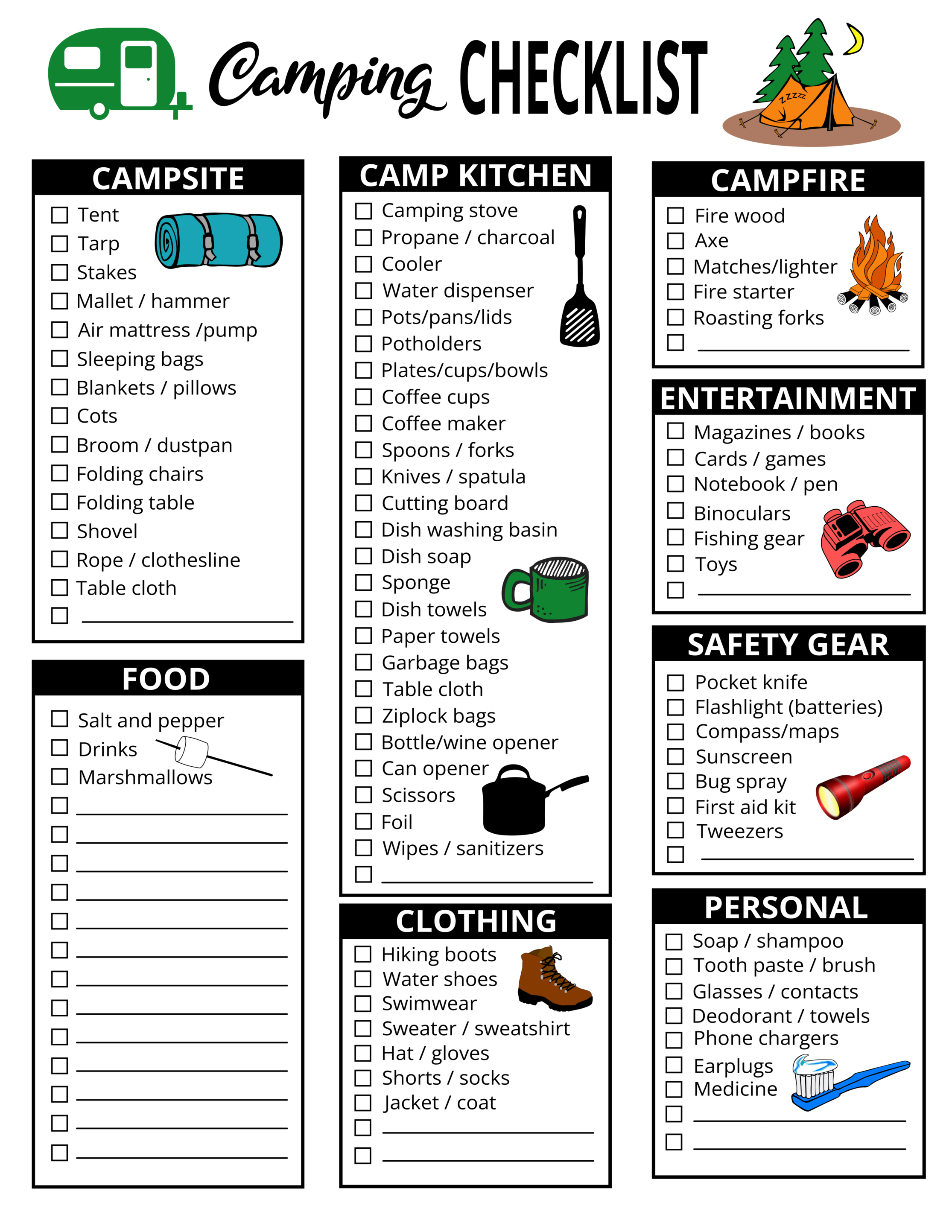 Printable Camping Checklist Template Sample