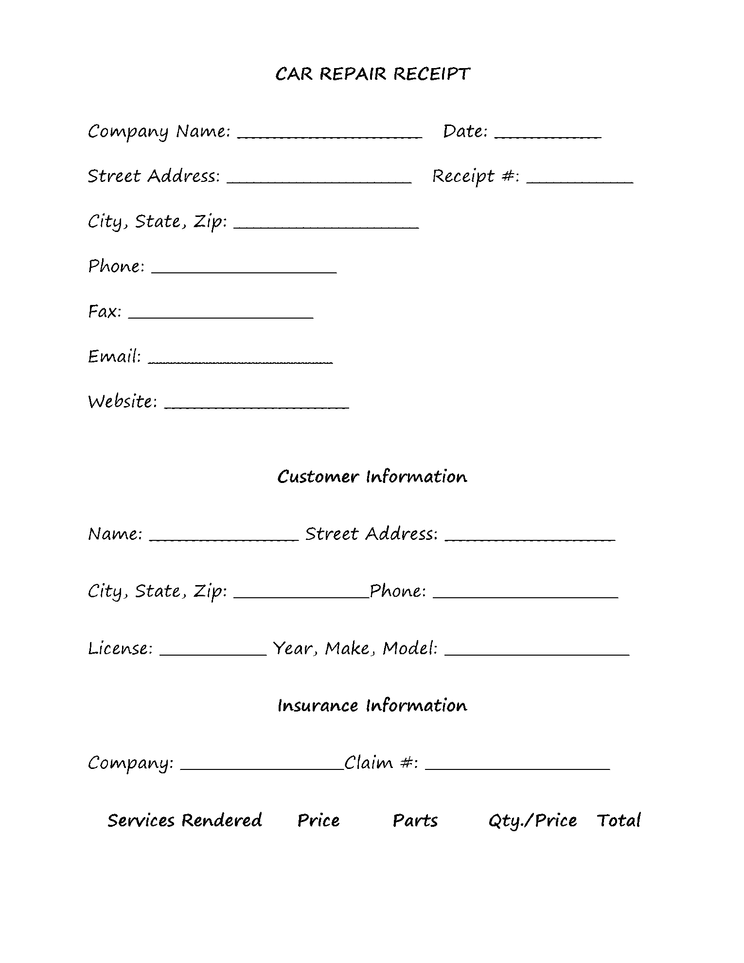 Printable Car Repair Receipt Template