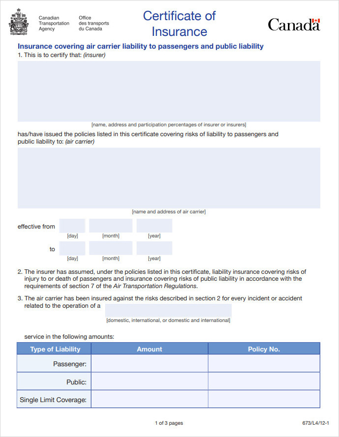 Printable Certificate of Insurance Form