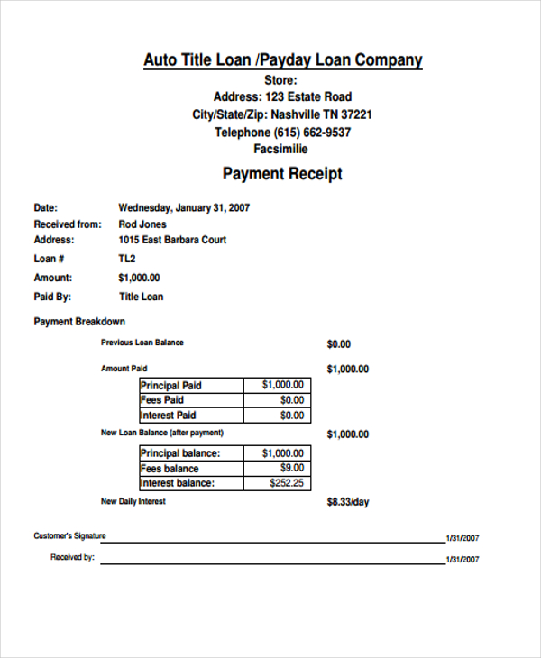 Printable Company Receipt Template Example