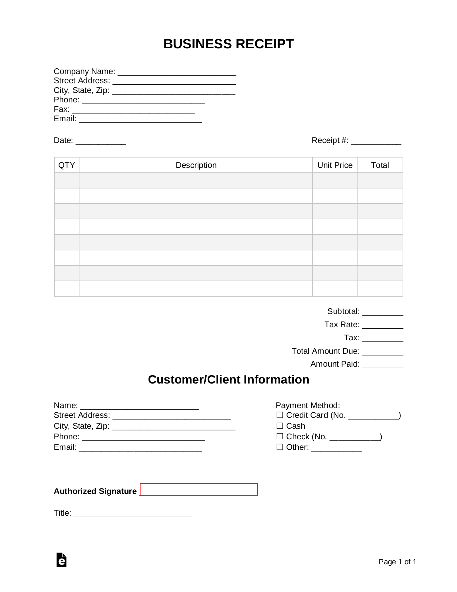 Printable Company Receipt Template