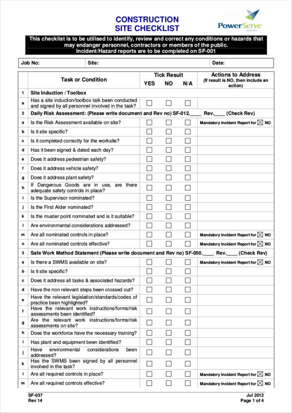 Printable Construction Site Checklist Template Example