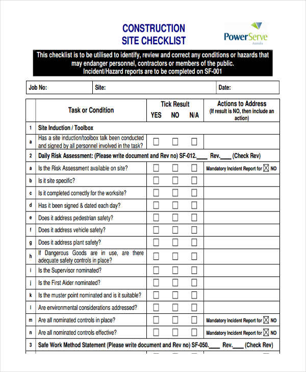 Printable Construction Site Checklist Template