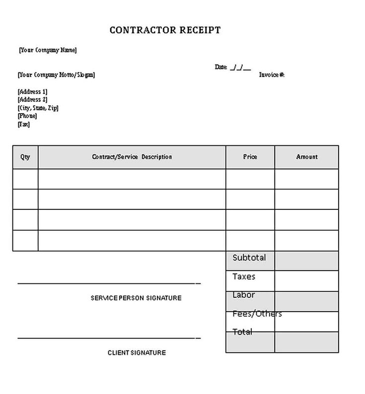 Printable Contractor Receipt Template