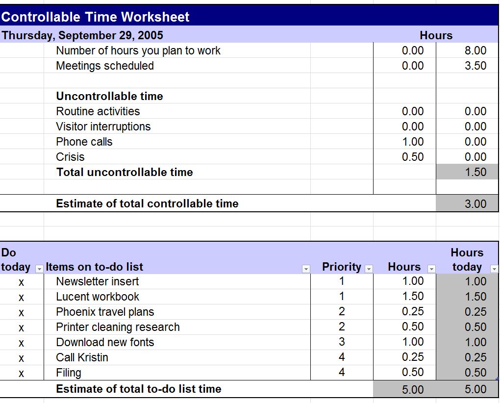 Printable Controllable Time Worksheet Template