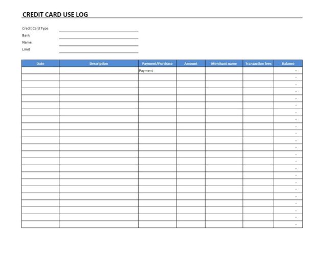 √ Printable Credit Card Use Log Template