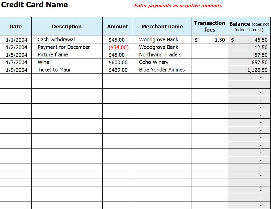 Printable Credit Card Use Log Template Sample