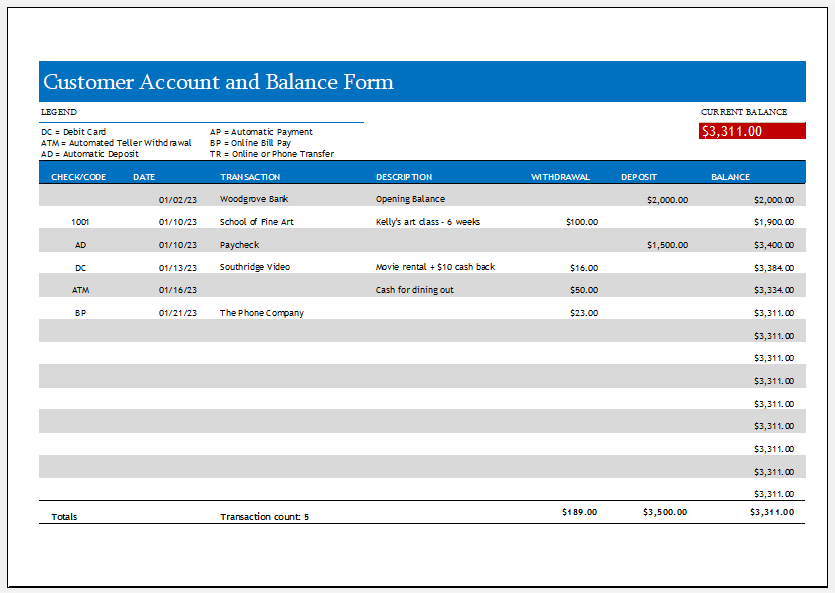 Printable Customer Account and Balance Form