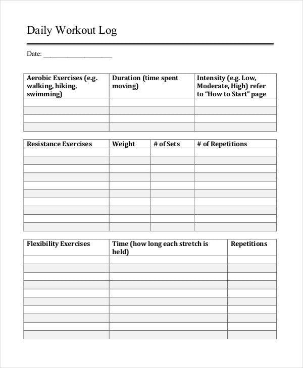 Printable Daily Workout Log Template Example