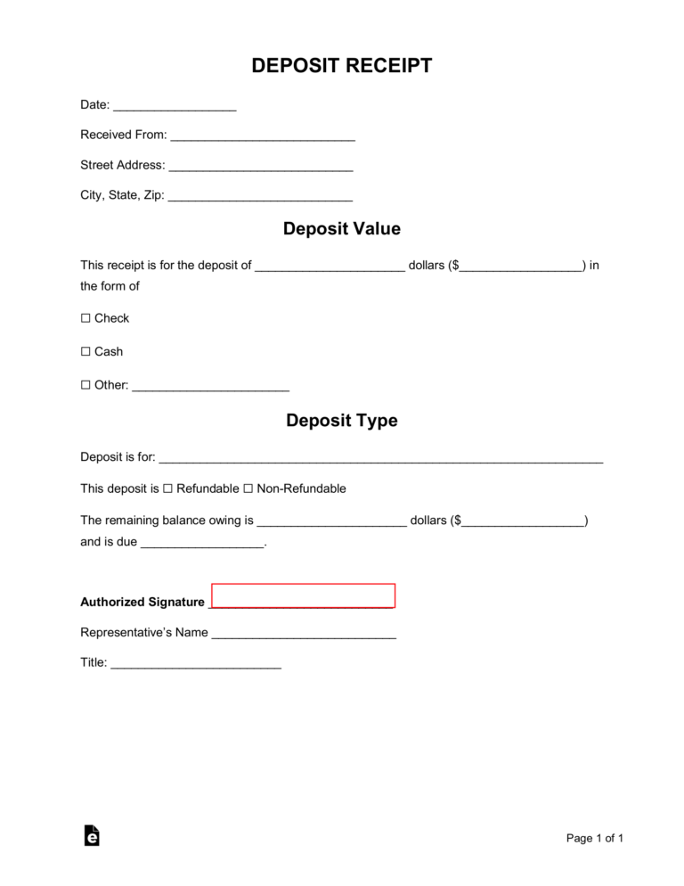 √ Printable Deposit Receipt Template