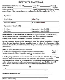 Printable Dog Bill of Sale Form Sample