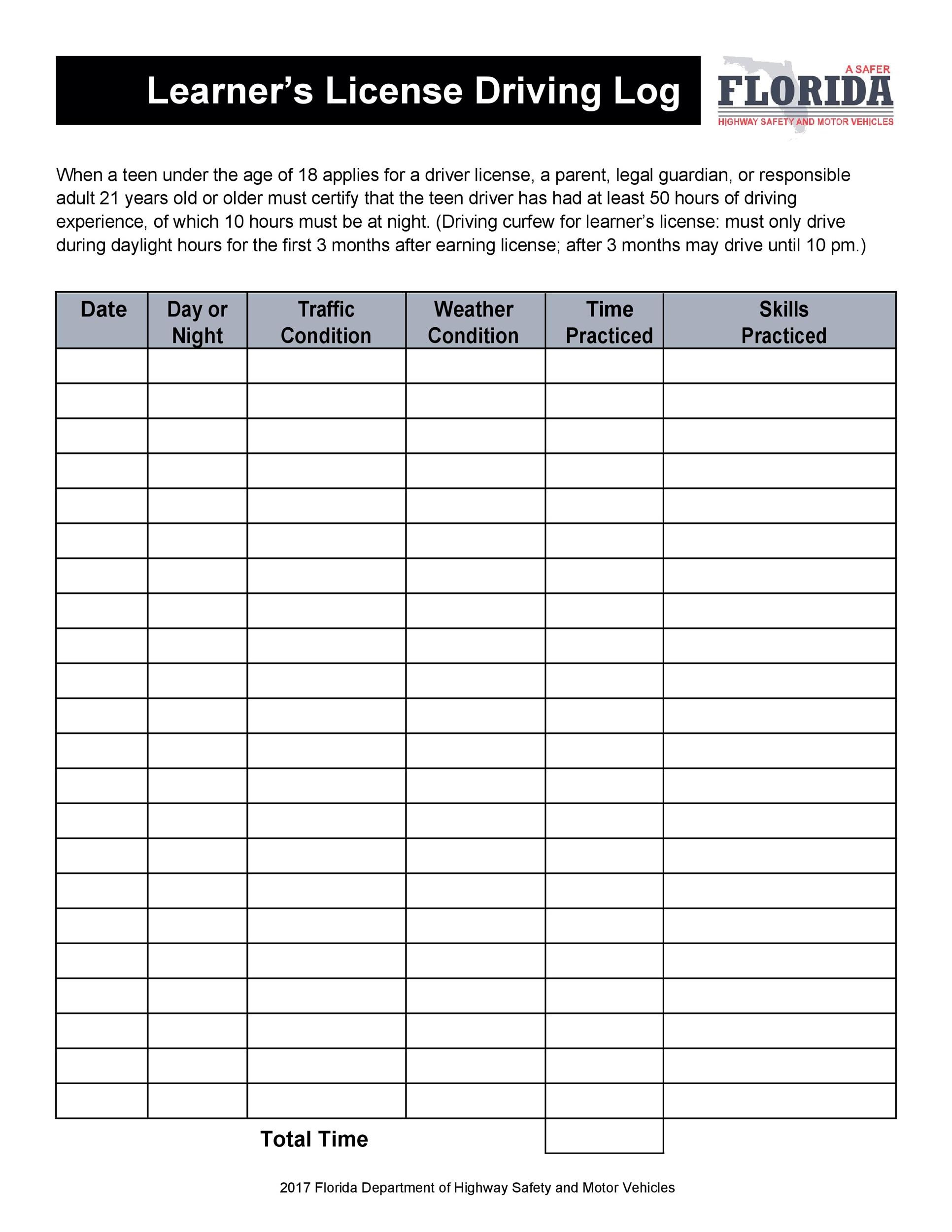 Printable Driver Log Template Example