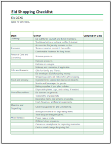 Printable Eid Shopping Checklist Template Example